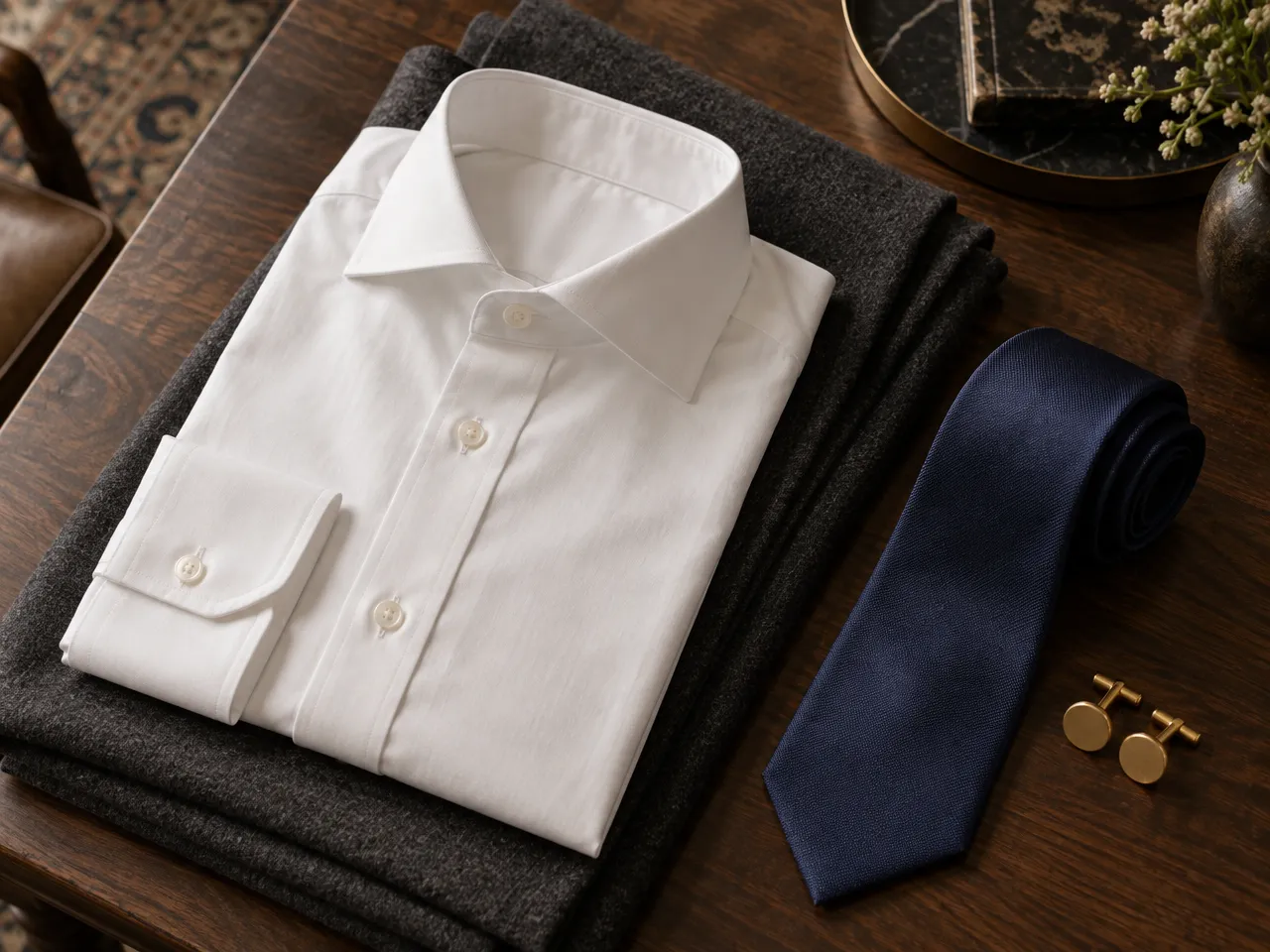 Camisa branca sob medida dobrada com abotoaduras e gravata de seda